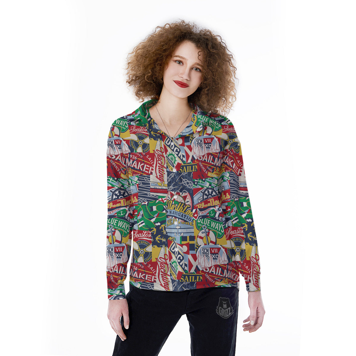 Patchwork Vintage Nautical Print Pattern Women's Long Sleeve Shirts-grizzshop