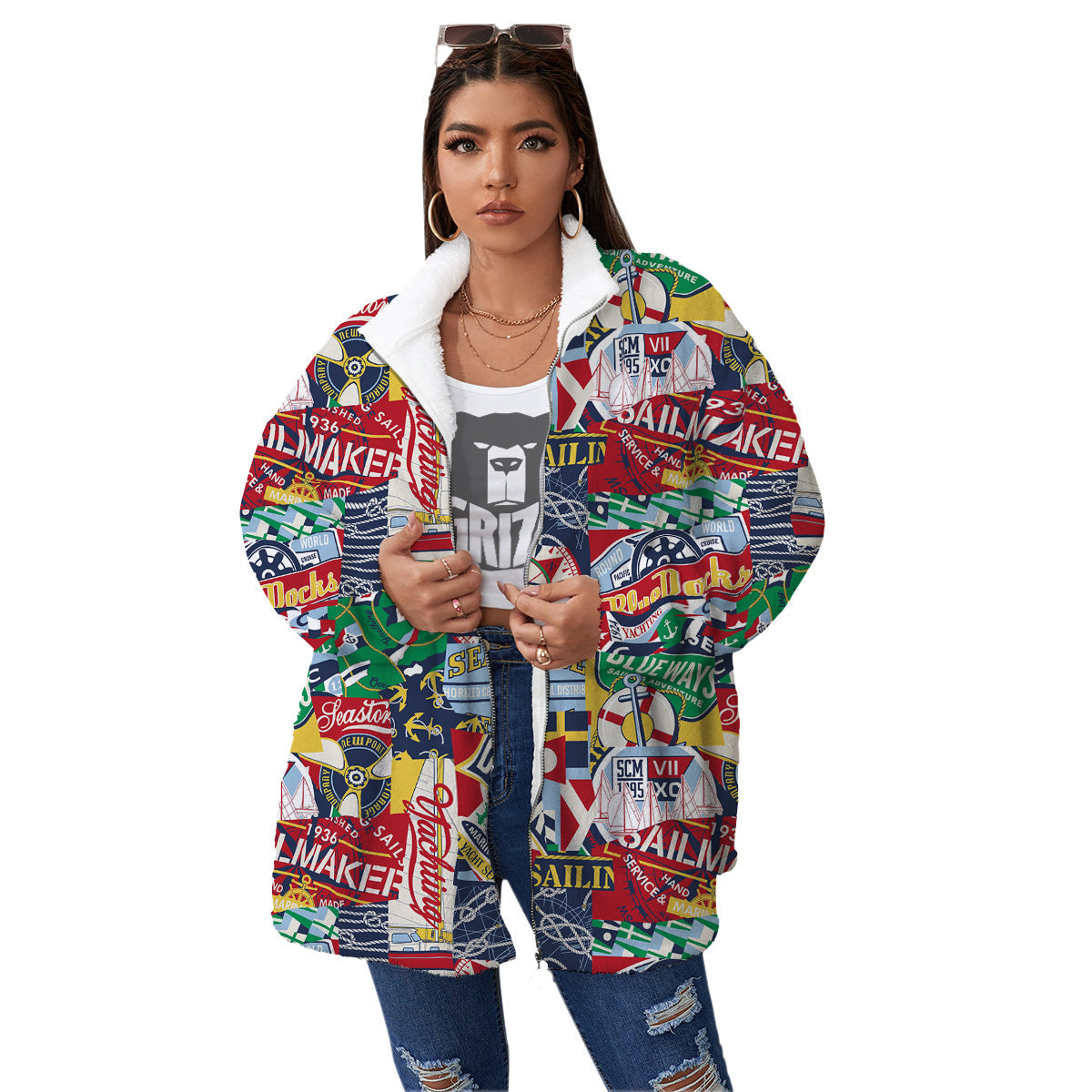 Patchwork Vintage Nautical Print Pattern Women's Sherpa Jacket-grizzshop