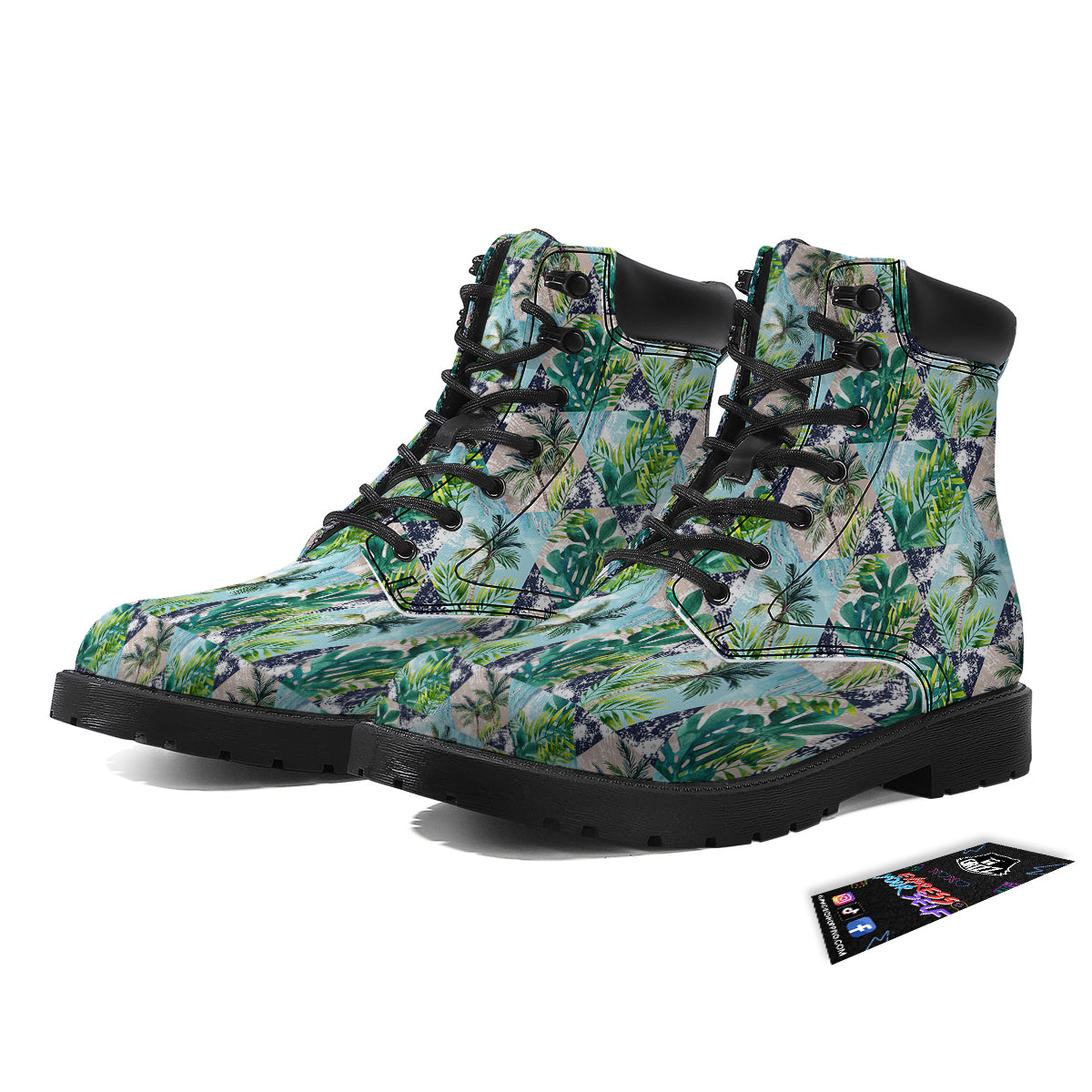 Patchwork Watercolor Tropical Leaves Print Pattern Boots-grizzshop