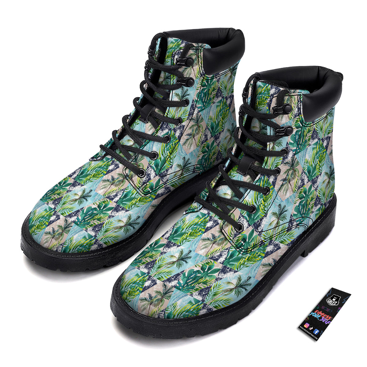Patchwork Watercolor Tropical Leaves Print Pattern Boots-grizzshop