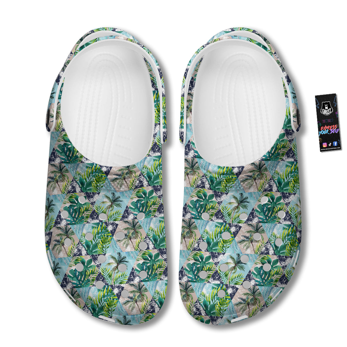 Patchwork Watercolor Tropical Leaves Print Pattern Clog-grizzshop