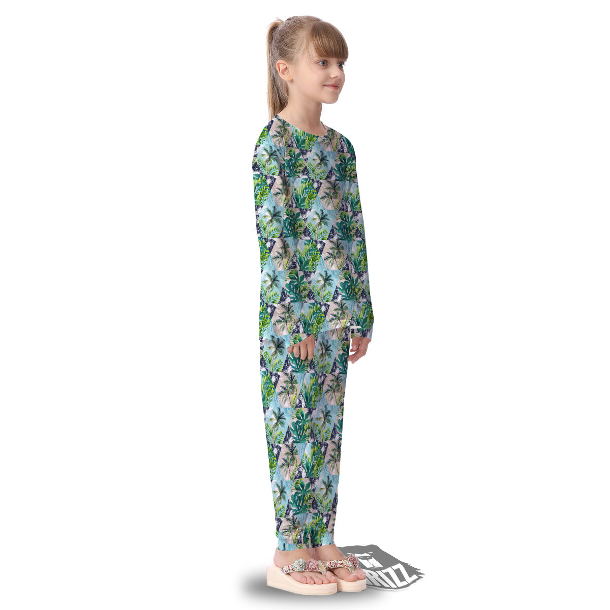 Patchwork Watercolor Tropical Leaves Print Pattern Kid's Pajamas-grizzshop