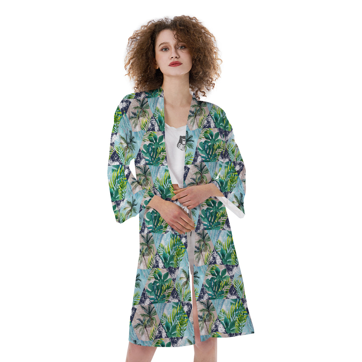 Patchwork Watercolor Tropical Leaves Print Pattern Kimono-grizzshop