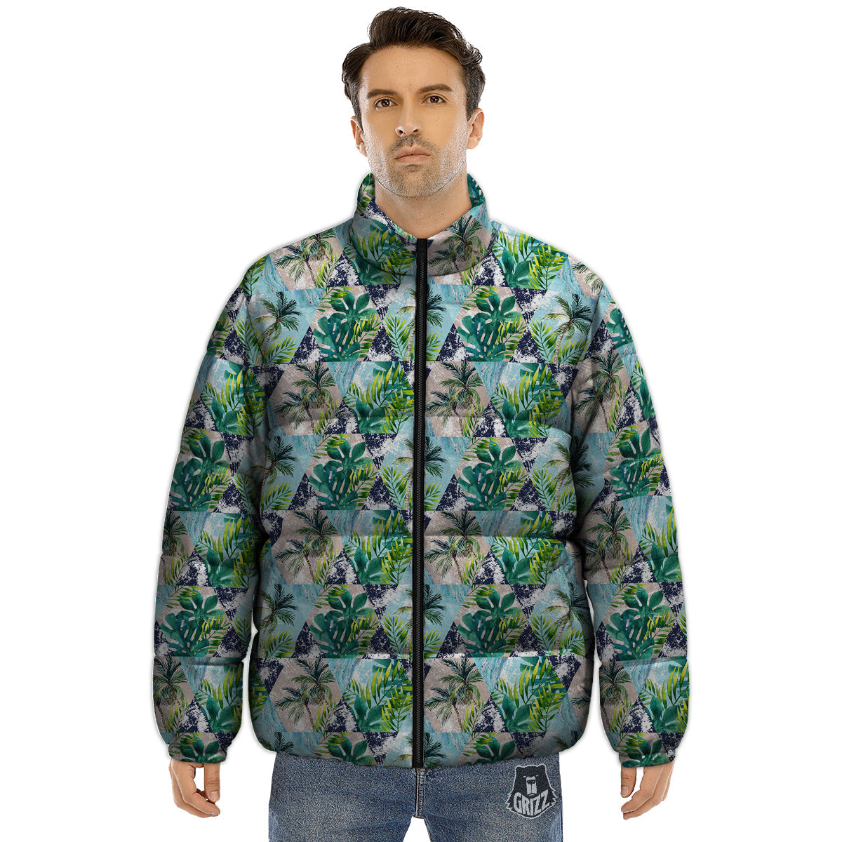 Patchwork Watercolor Tropical Leaves Print Pattern Puffer Jacket-grizzshop
