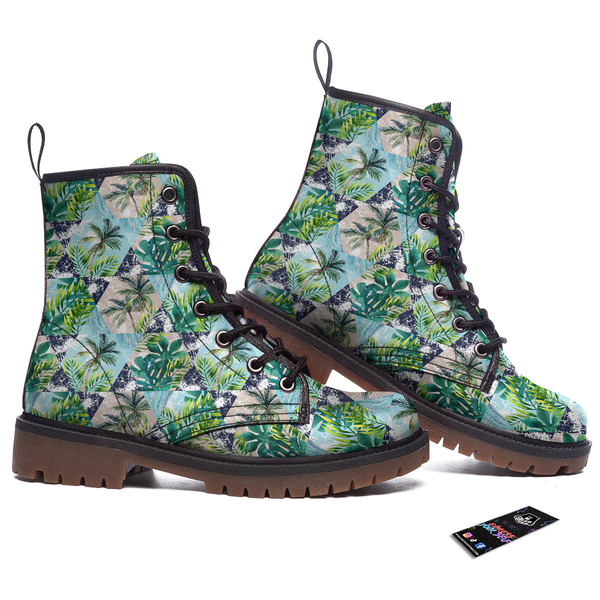 Patchwork Watercolor Tropical Leaves Print Pattern Work Boots-grizzshop
