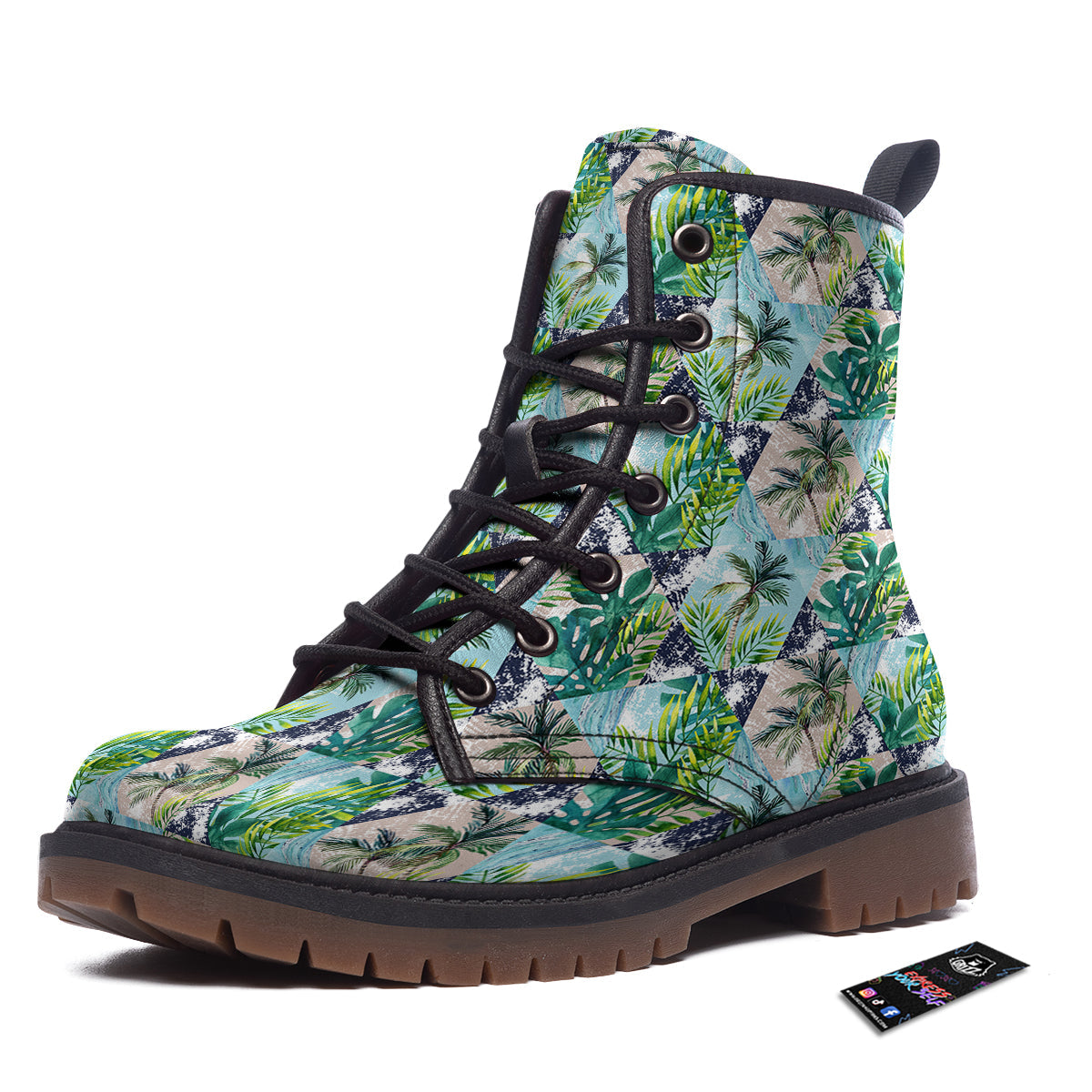 Patchwork Watercolor Tropical Leaves Print Pattern Work Boots-grizzshop