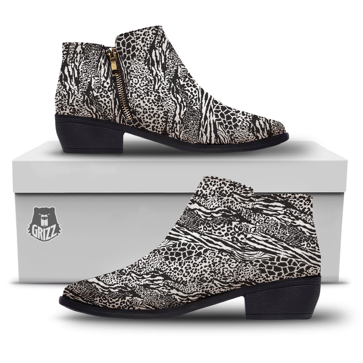 Patchwork White Black Animal Skins Print Pattern Ankle Boots-grizzshop