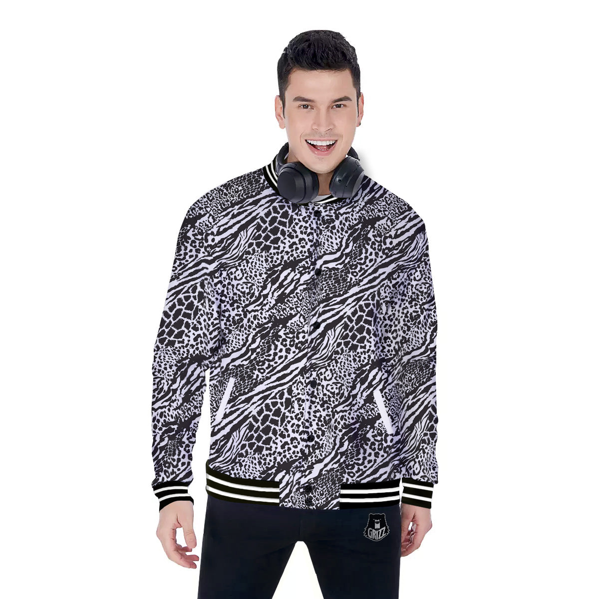 Patchwork White Black Animal Skins Print Pattern Baseball Jacket-grizzshop