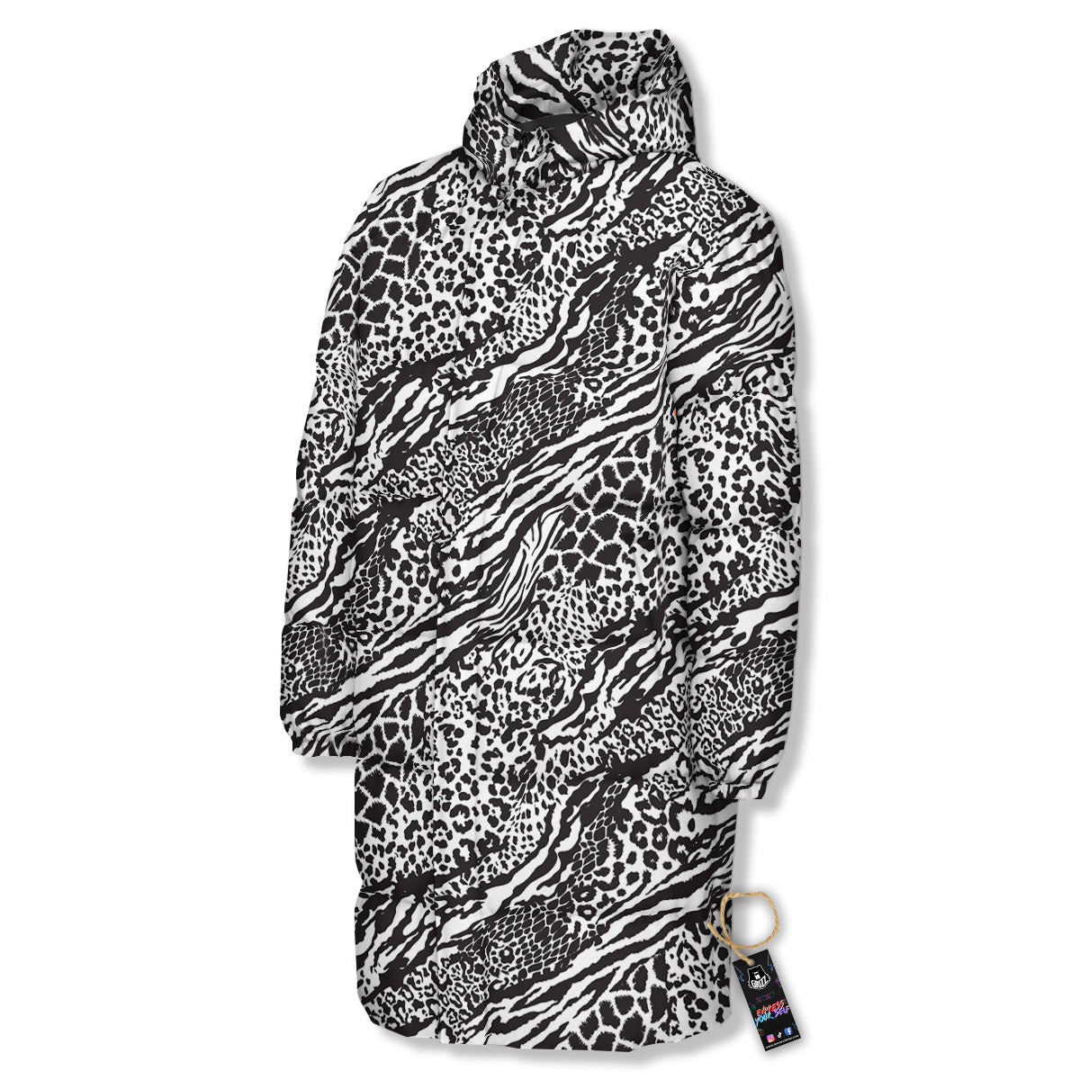 Patchwork White Black Animal Skins Print Pattern Long Down Jacket-grizzshop