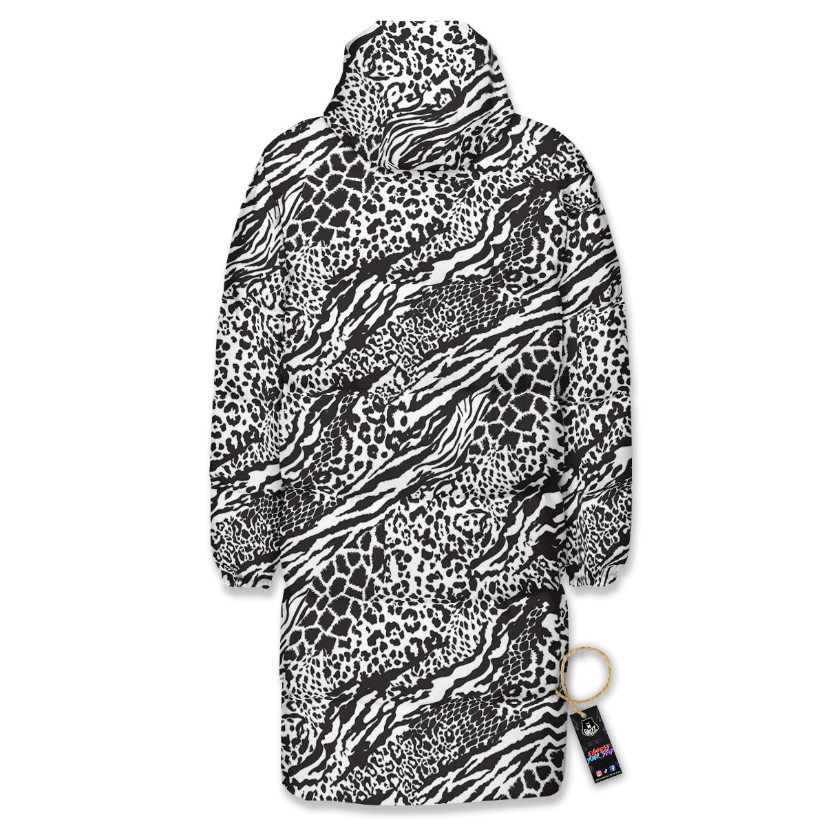 Patchwork White Black Animal Skins Print Pattern Long Down Jacket-grizzshop