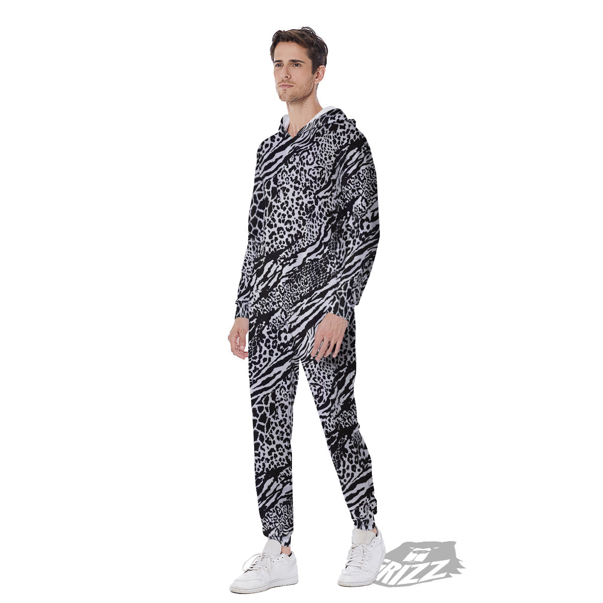Patchwork White Black Animal Skins Print Pattern Men's Jumpsuit-grizzshop