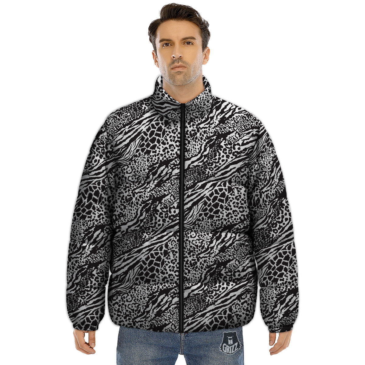 Patchwork White Black Animal Skins Print Pattern Puffer Jacket-grizzshop