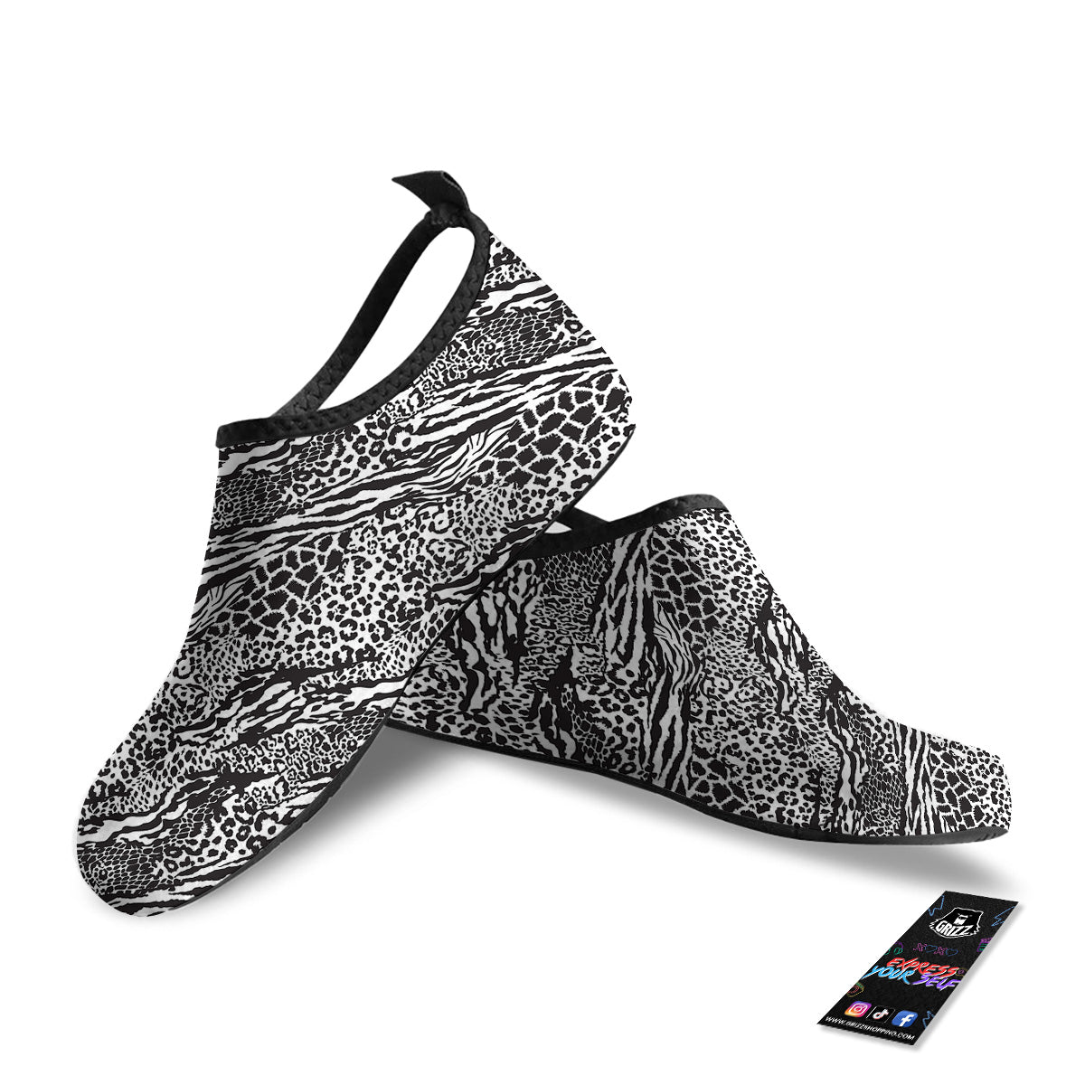 Patchwork White Black Animal Skins Print Pattern Water Shoes-grizzshop