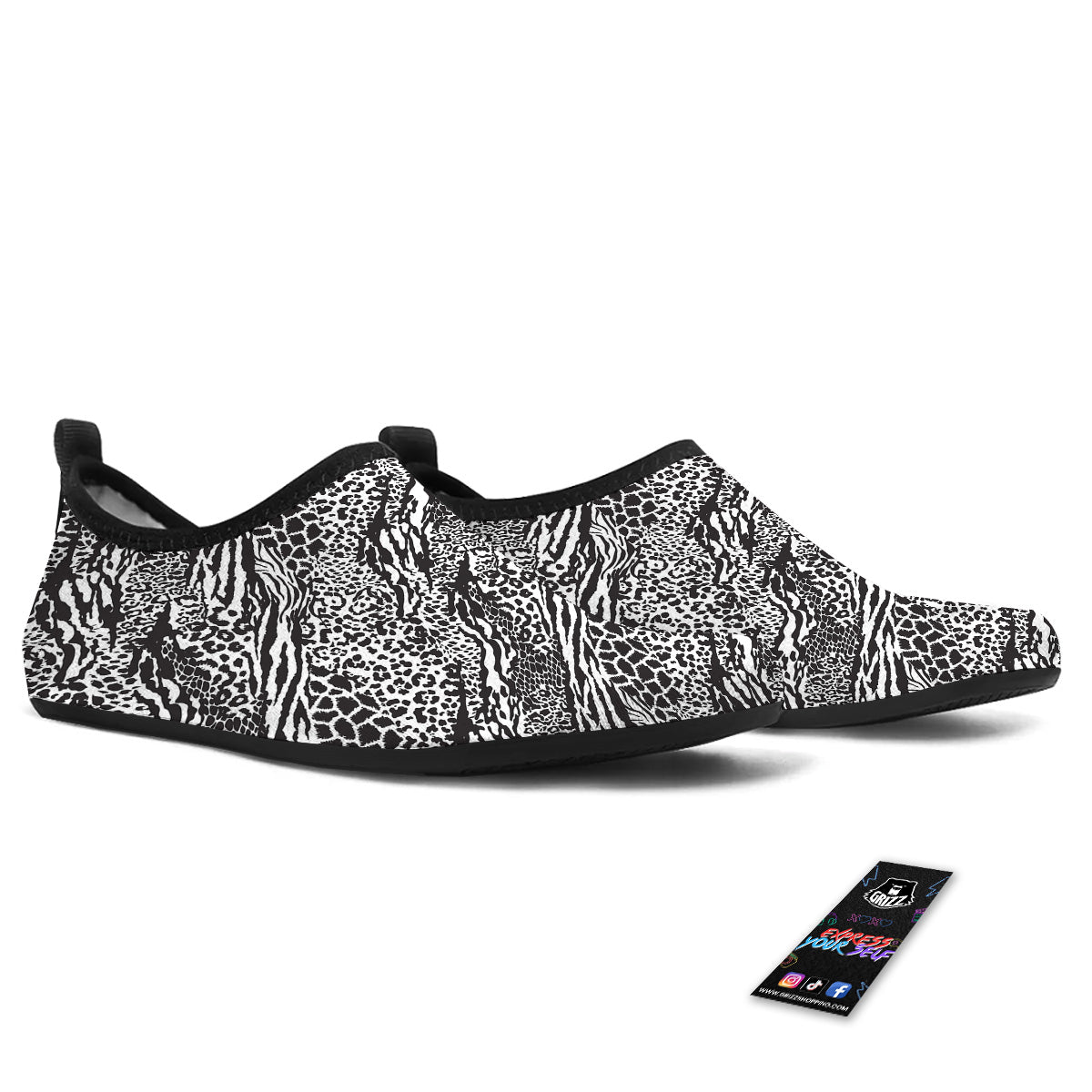 Patchwork White Black Animal Skins Print Pattern Water Shoes-grizzshop