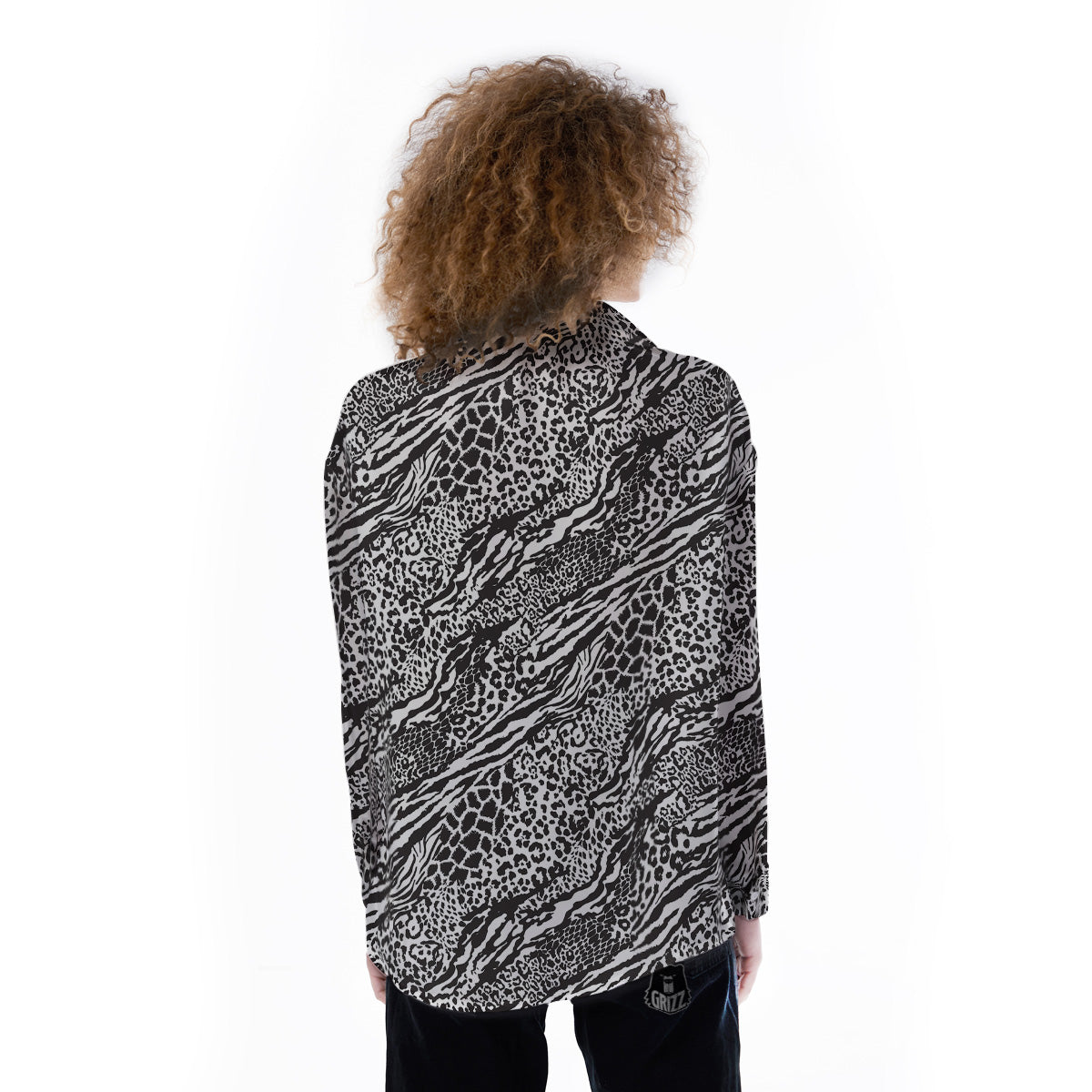 Patchwork White Black Animal Skins Print Pattern Women's Long Sleeve Shirts-grizzshop