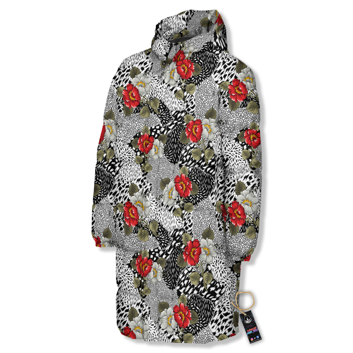 Patchwork Black White And Floral Print Pattern Long Down Jacket
