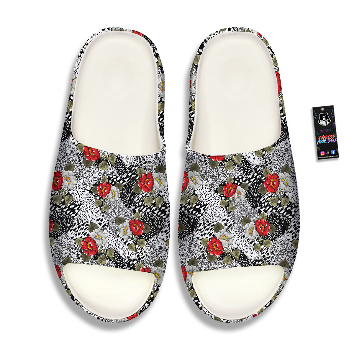 Patchwork Black White And Floral Print Pattern Sandals-grizzshop