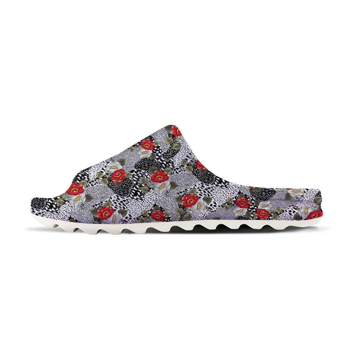 Patchwork Black White And Floral Print Pattern Sandals-grizzshop