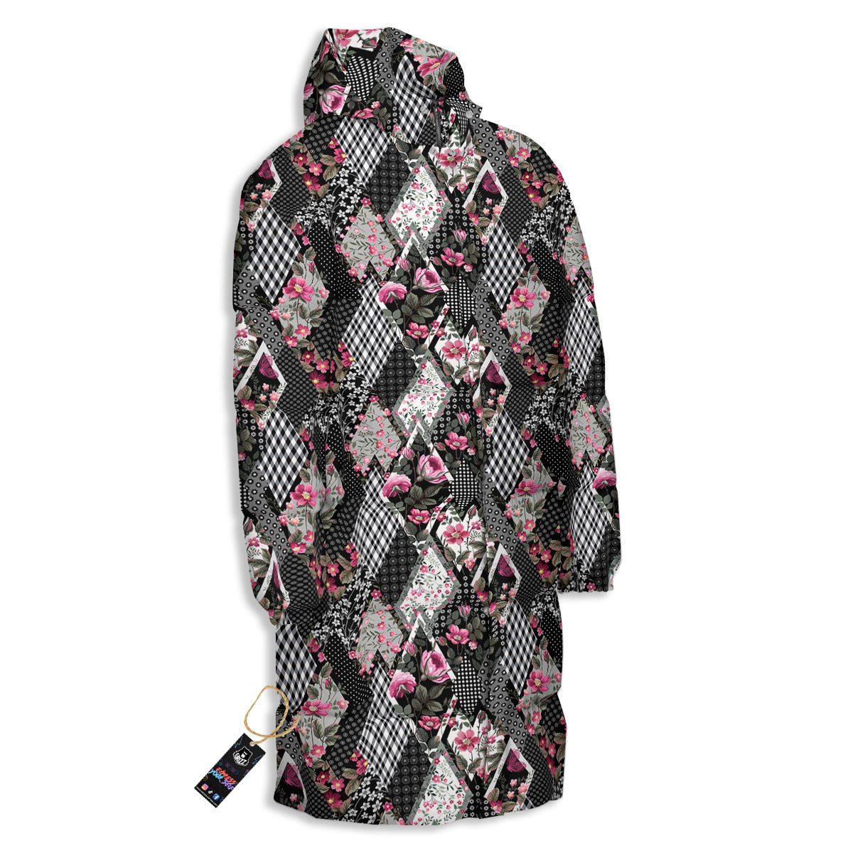 Patchwork Floral Black Pink Print Pattern Long Down Jacket