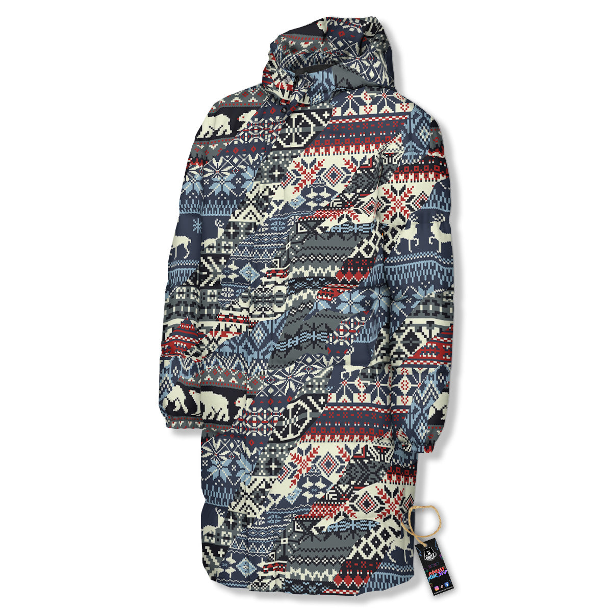 Patchwork Ugly Snowflake And Knitted Print Pattern Long Down Jacket