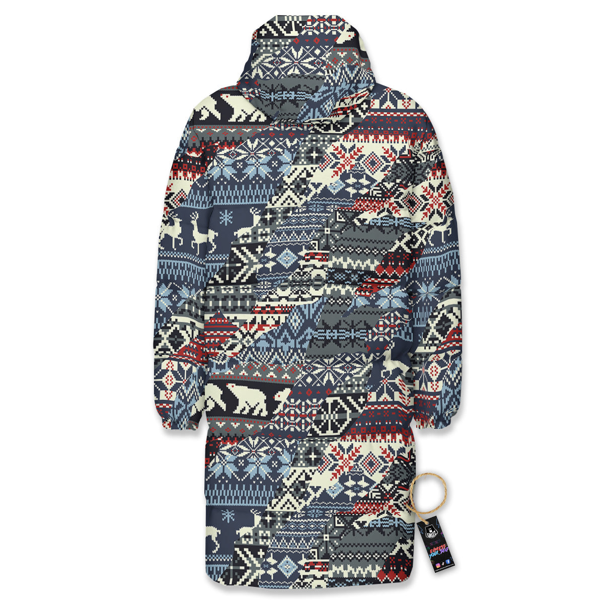 Patchwork Ugly Snowflake And Knitted Print Pattern Long Down Jacket