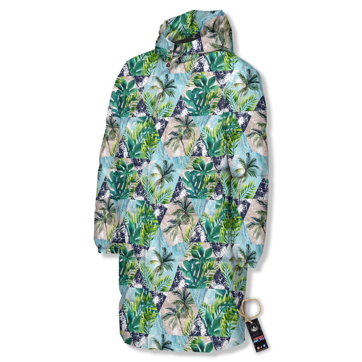Patchwork Watercolor Tropical Leaves Print Pattern Long Down Jacket
