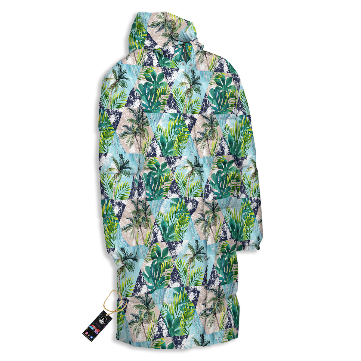 Patchwork Watercolor Tropical Leaves Print Pattern Long Down Jacket