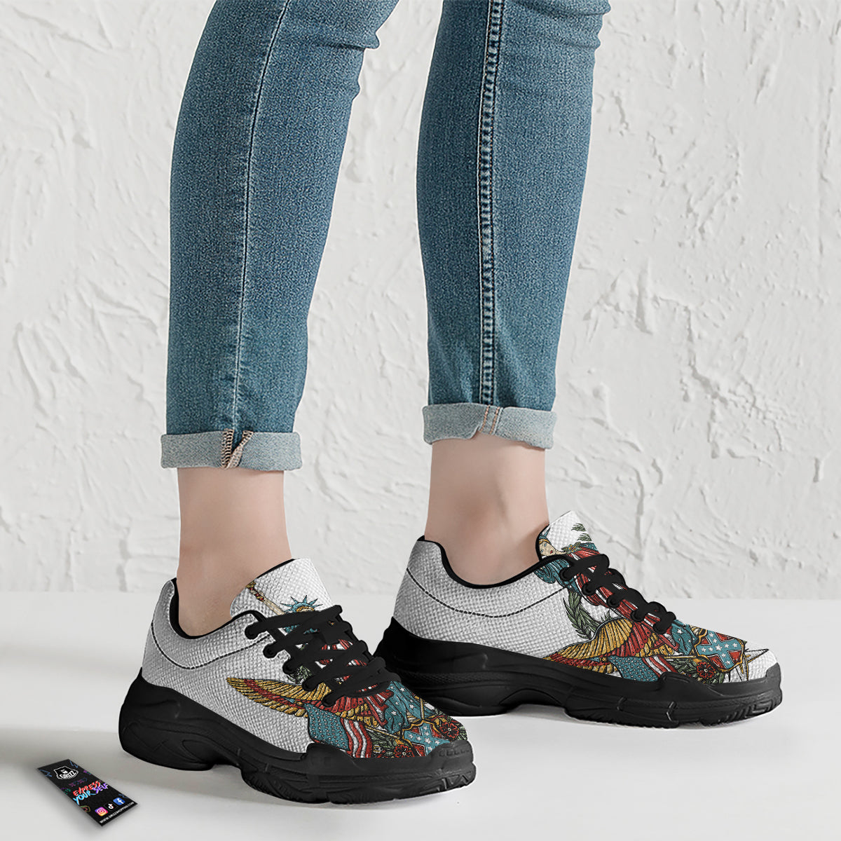 Patriotic Art Statue Of Liberty Print Black Chunky Shoes-grizzshop