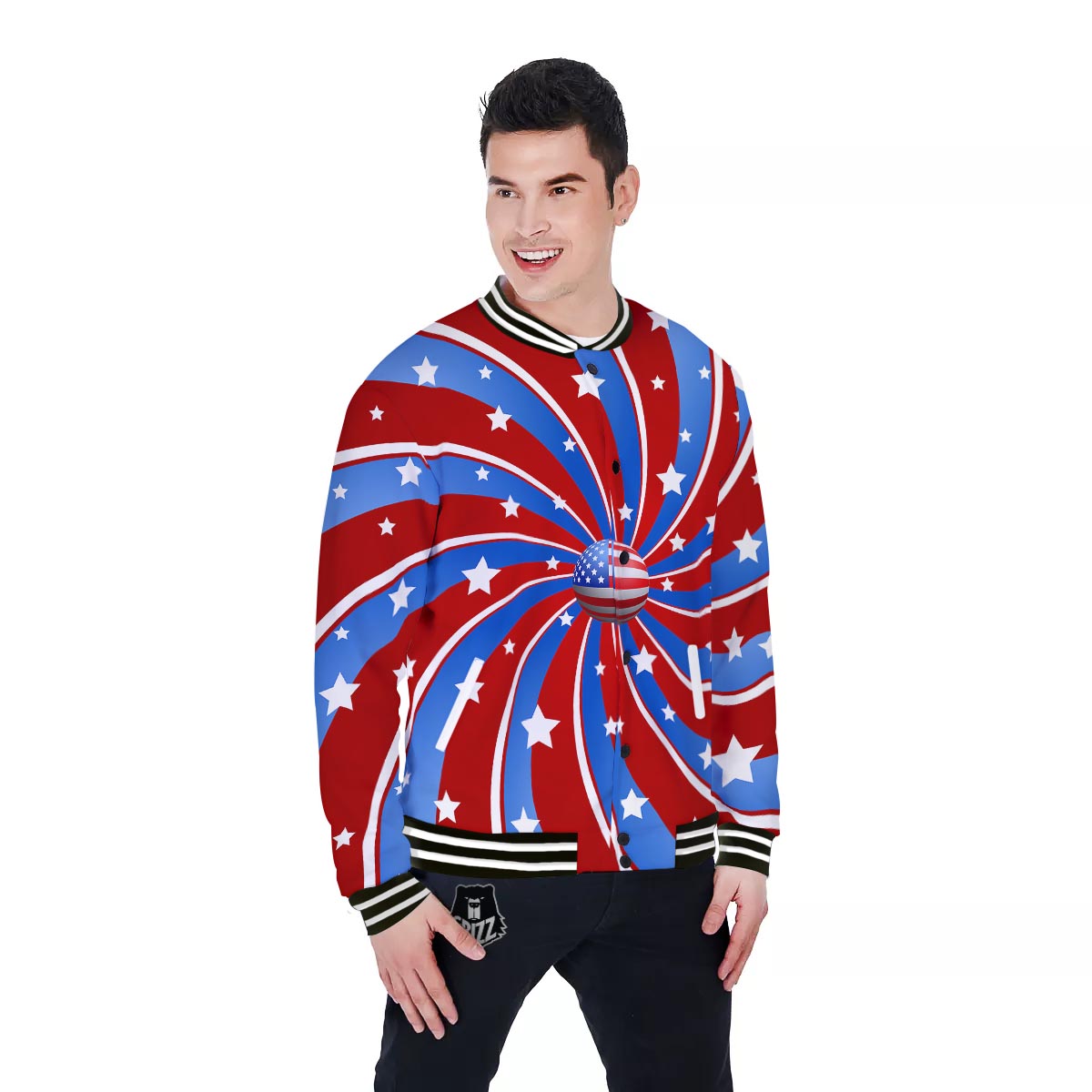 Patriotic Star Swirl American Print Baseball Jacket-grizzshop