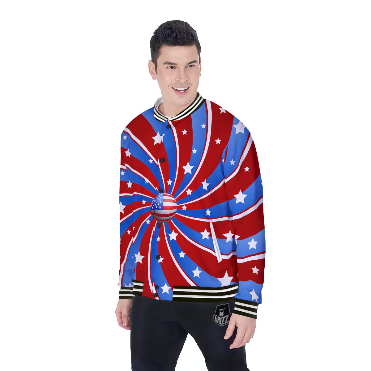 Patriotic Star Swirl American Print Baseball Jacket-grizzshop