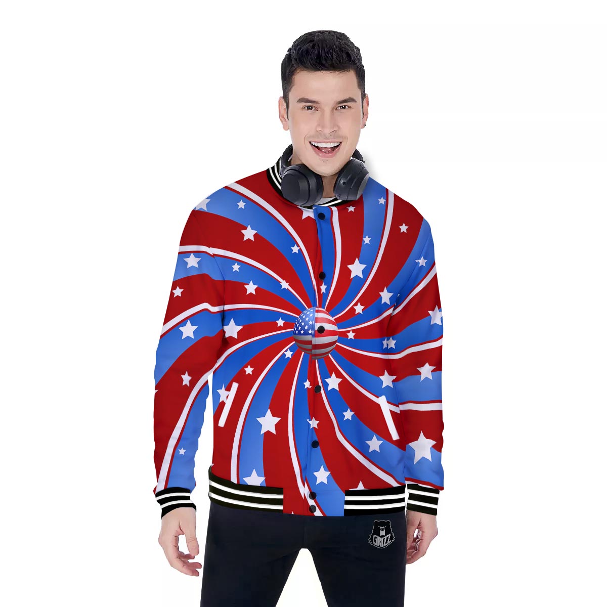 Patriotic Star Swirl American Print Baseball Jacket-grizzshop