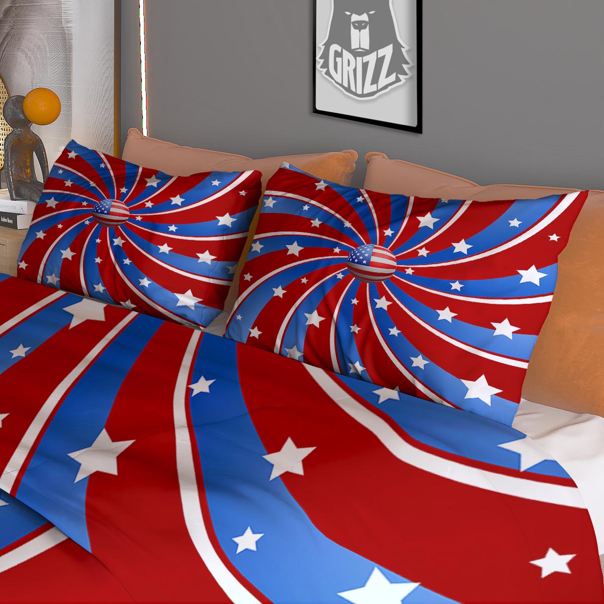 Patriotic Star Swirl American Print Duvet Cover Bedding Set