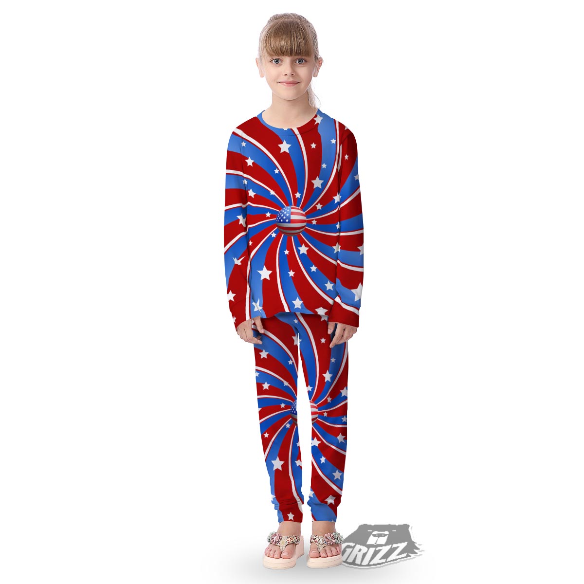 Patriotic Star Swirl American Print Kid's Pajamas-grizzshop
