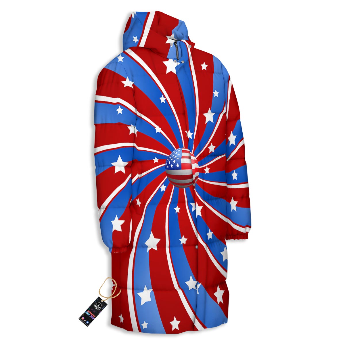 Patriotic Star Swirl American Print Long Down Jacket-grizzshop