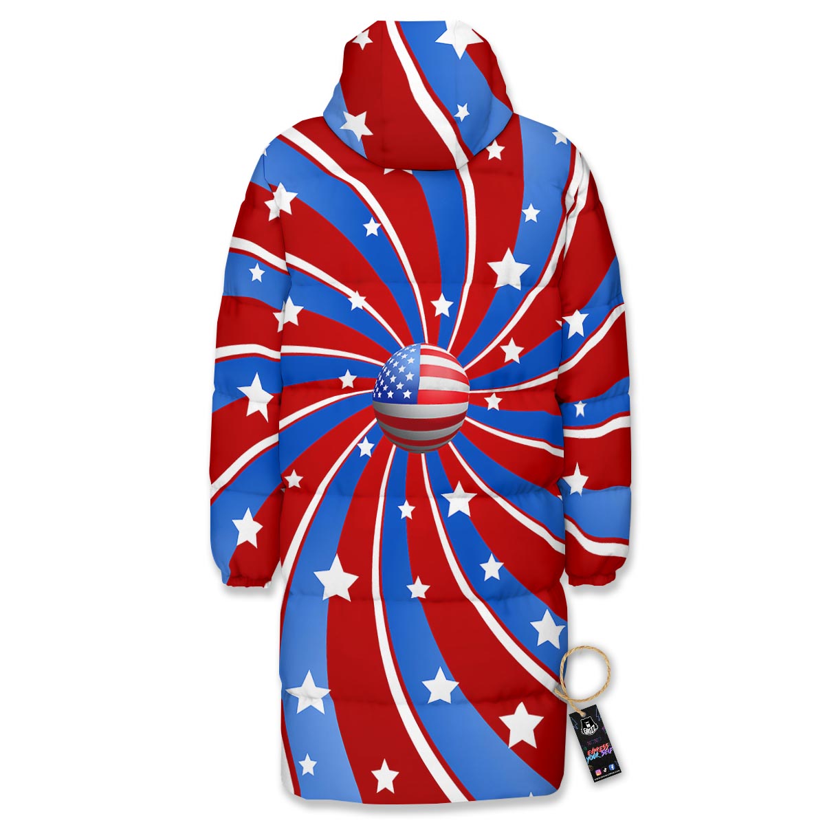 Patriotic Star Swirl American Print Long Down Jacket-grizzshop