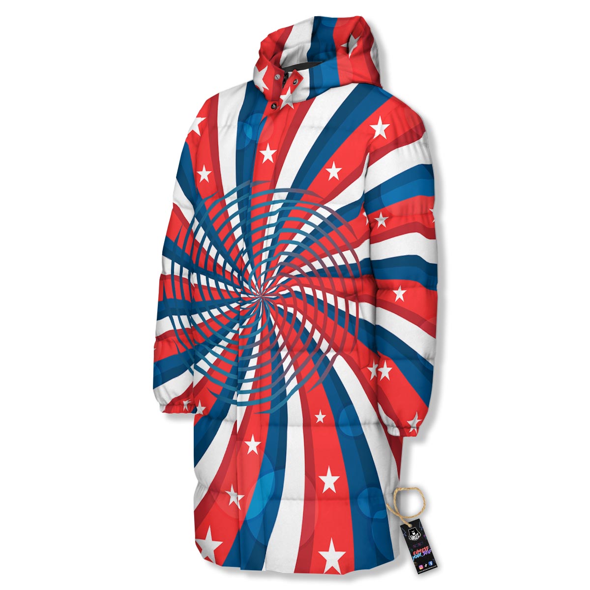 Patriotic Swirly American Print Long Down Jacket-grizzshop