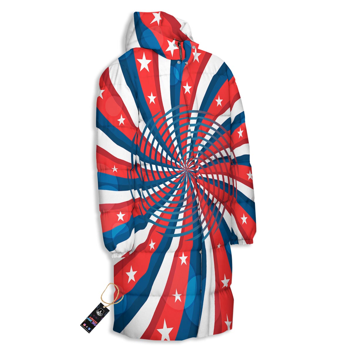 Patriotic Swirly American Print Long Down Jacket-grizzshop