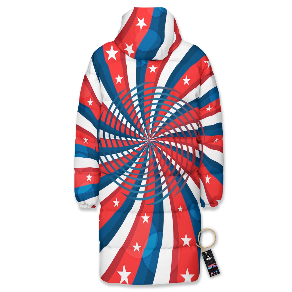 Patriotic Swirly American Print Long Down Jacket-grizzshop