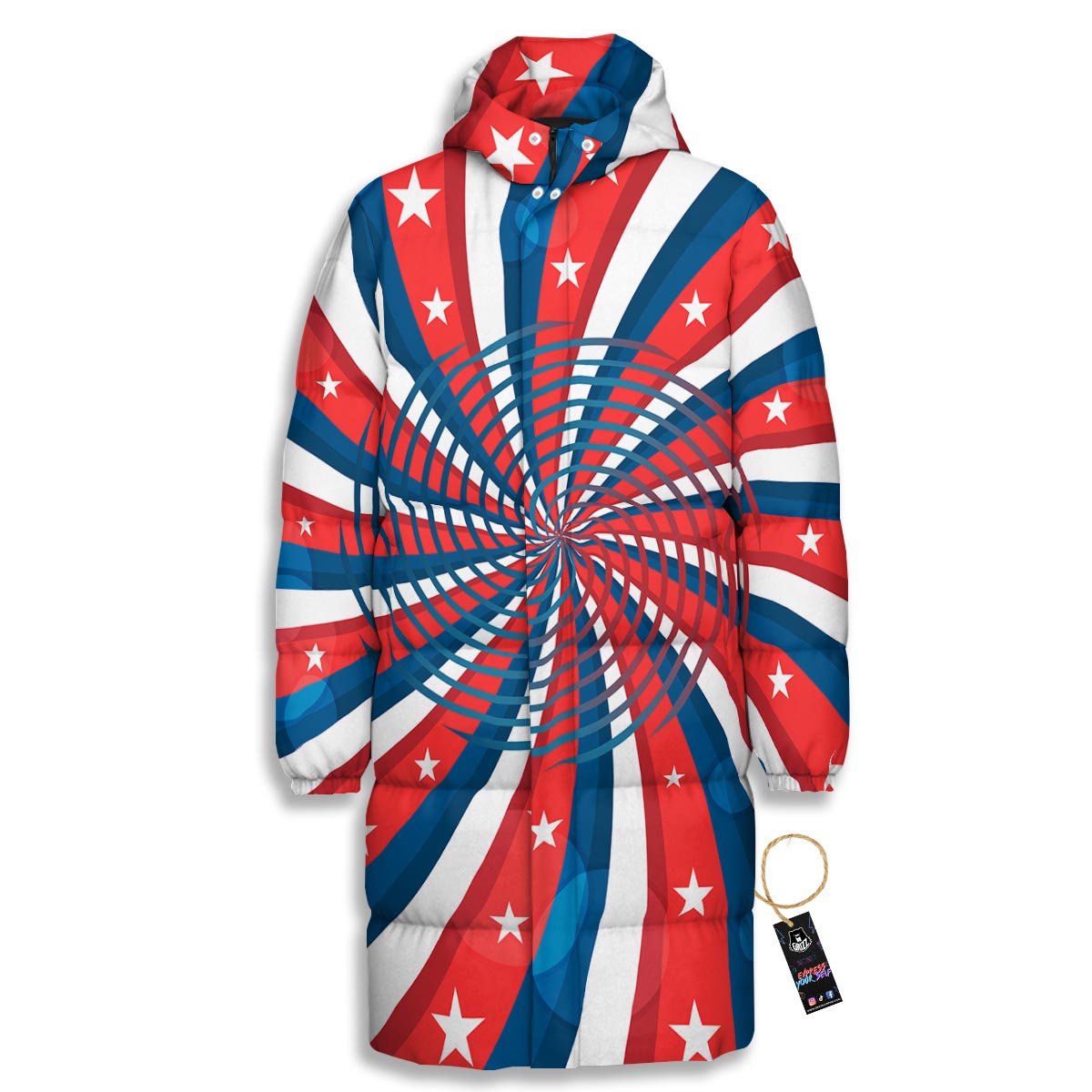 Patriotic Swirly American Print Long Down Jacket-grizzshop