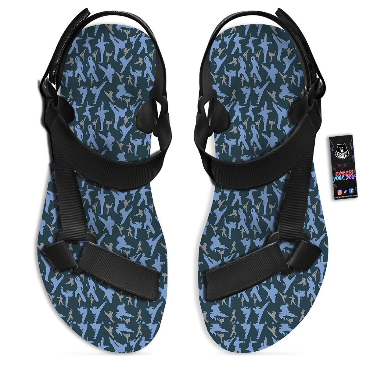 Pattern Karate Print Black Open Toe Sandals-grizzshop