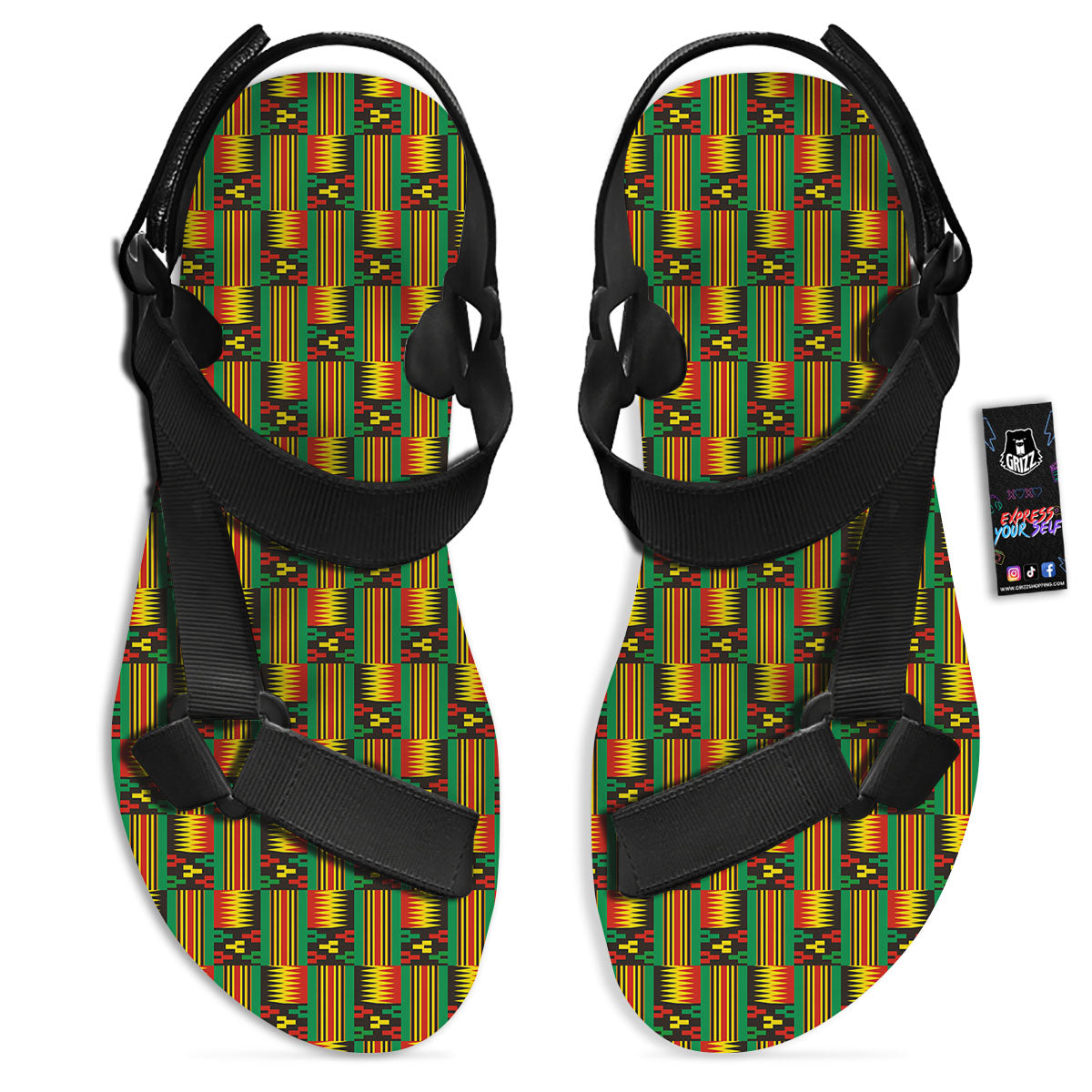 Pattern Kente Print Black Open Toe Sandals-grizzshop