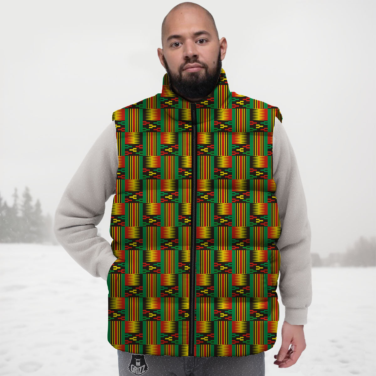 Pattern Kente Print Down Vest-grizzshop