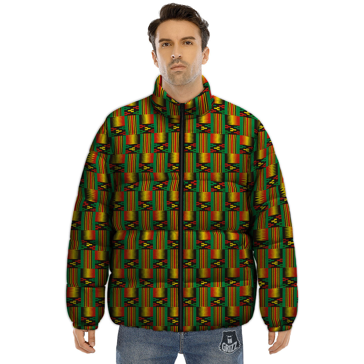Pattern Kente Print Puffer Jacket-grizzshop
