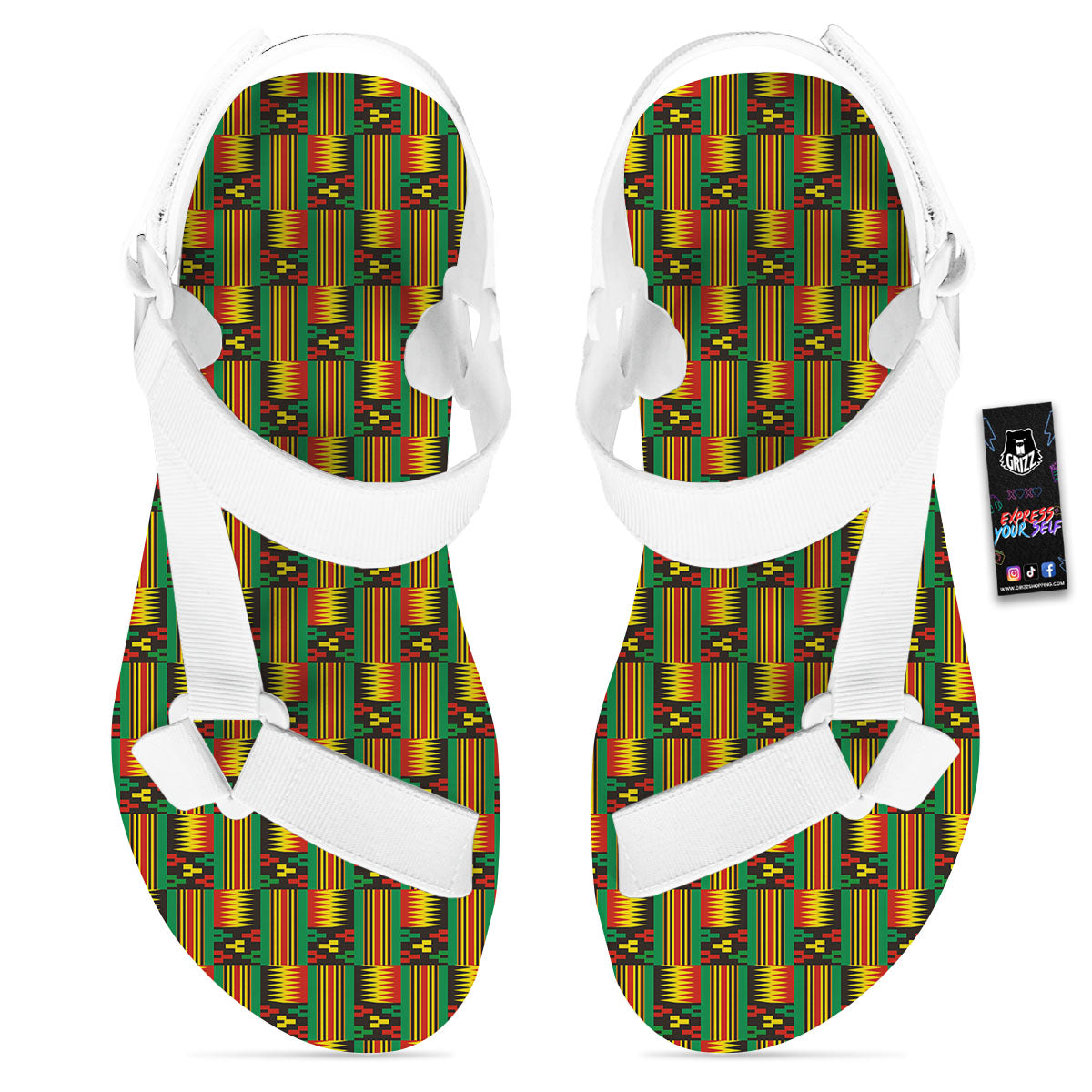 Pattern Kente Print White Open Toe Sandals-grizzshop