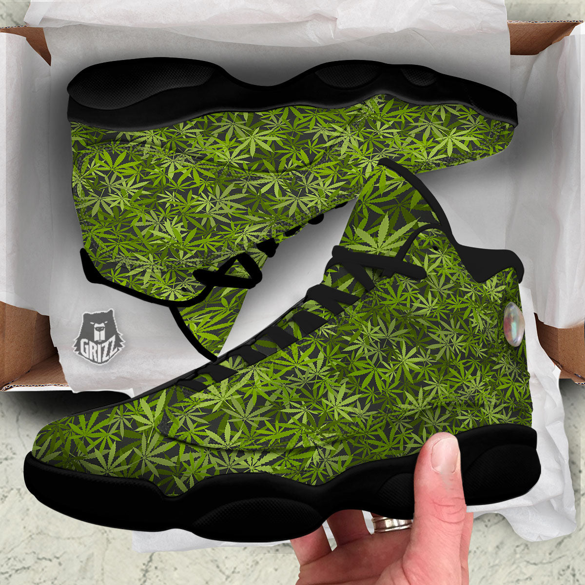 Pattern Leaf Marijuana Print Black Basketball Shoes-grizzshop