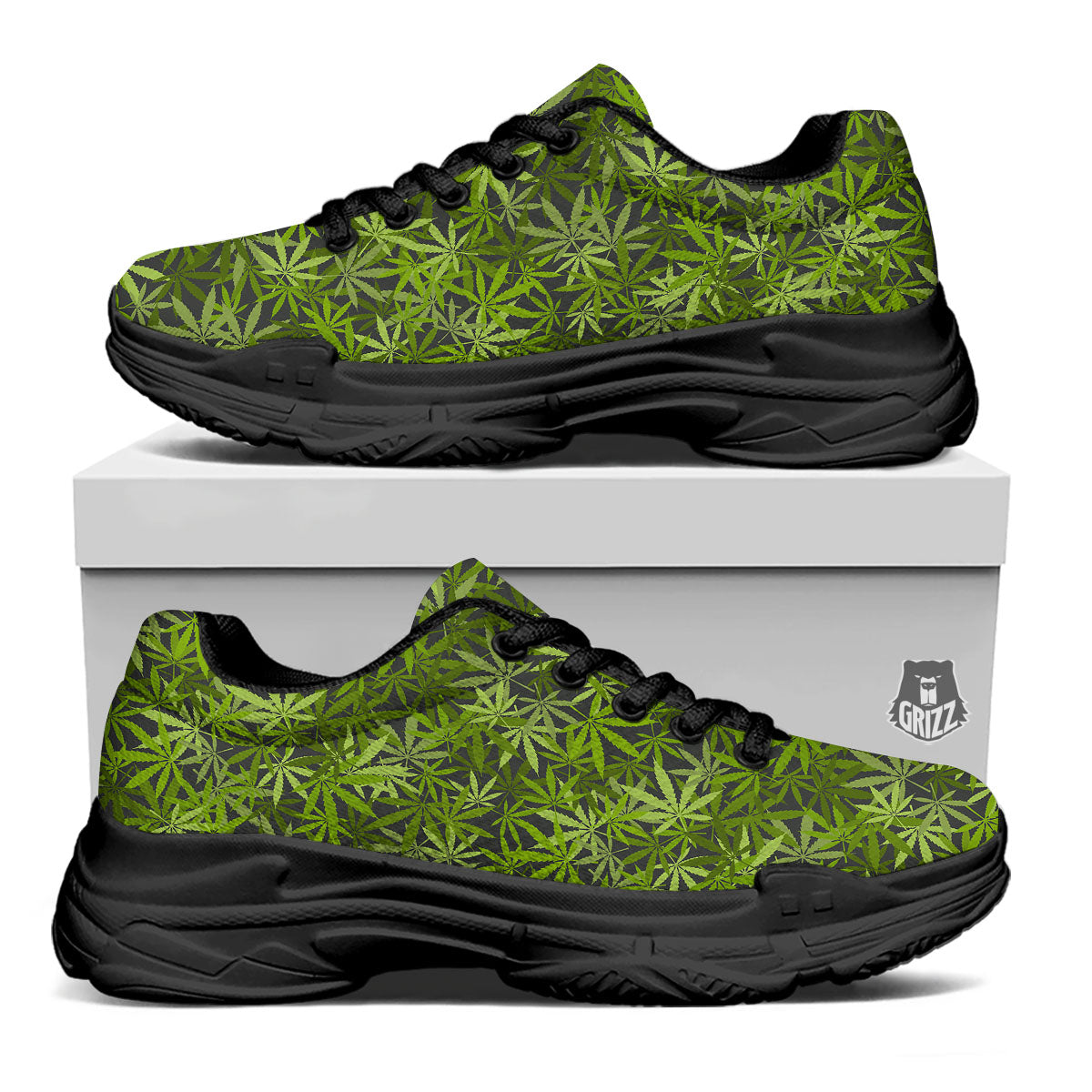 Pattern Leaf Marijuana Print Black Chunky Shoes-grizzshop