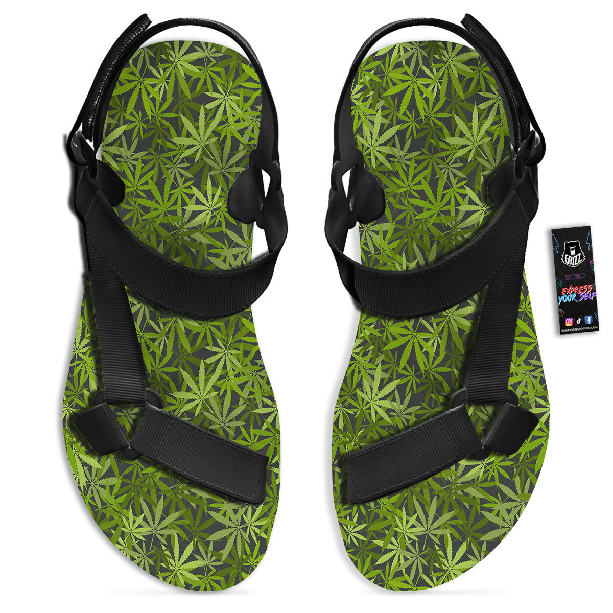 Pattern Leaf Marijuana Print Black Open Toe Sandals-grizzshop