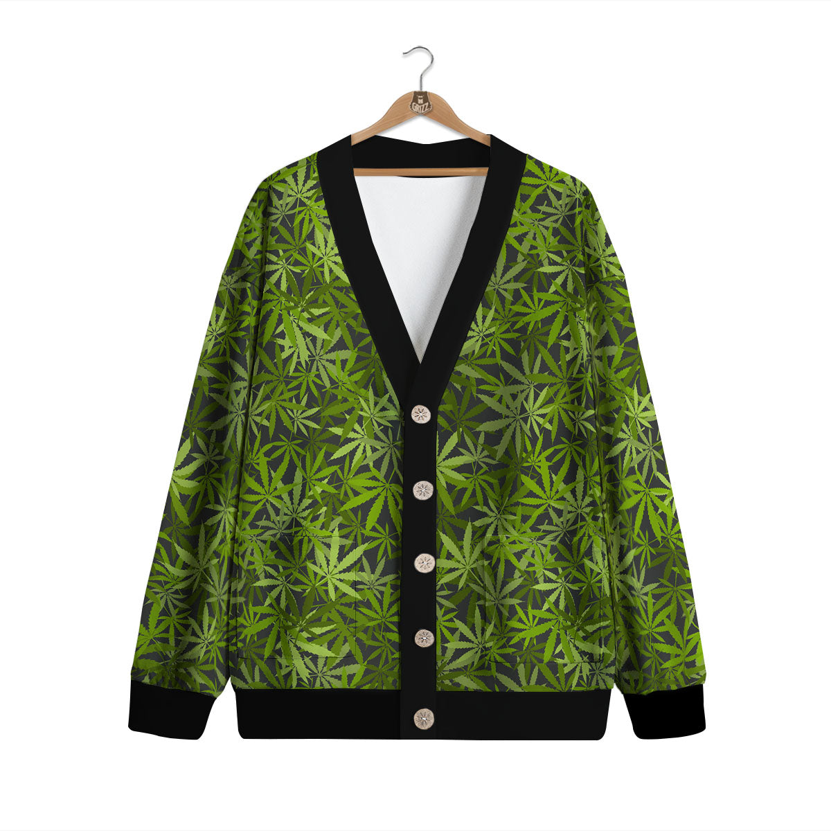 Pattern Leaf Marijuana Print Cardigan-grizzshop