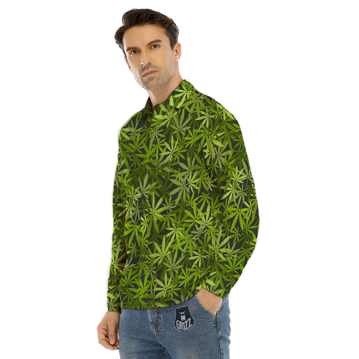 Pattern Leaf Marijuana Print Men's Dress Shirts-grizzshop