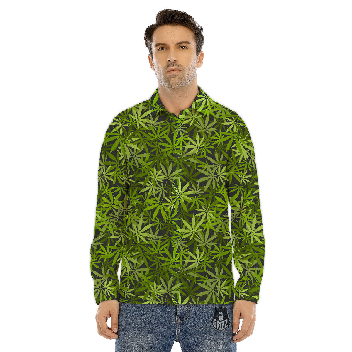 Pattern Leaf Marijuana Print Men's Dress Shirts-grizzshop